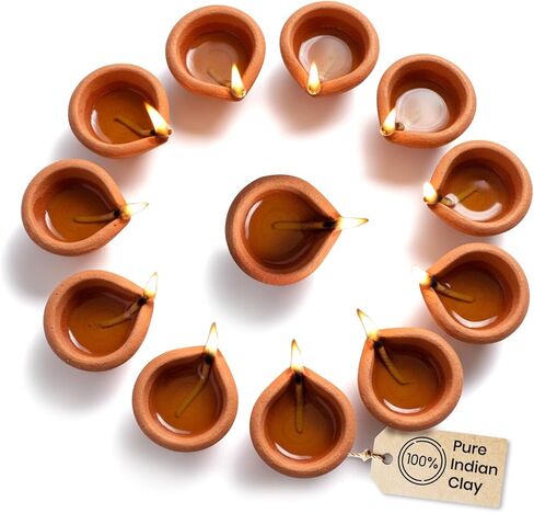 SATVIK Handmade Clay Diya 12 Pc Set. Traditional Terracotta Natural Earthen Oil Lamp Diyas Welcome Dia with Cotton Wicks Batti. Diwali Deepawali Decoration Indian Housewarming Return Gift Items in Saudi Arabia