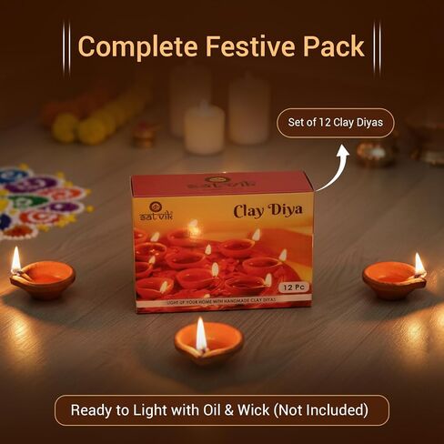 SATVIK Handmade Clay Diya 12 Pc Set. Traditional Terracotta Natural Earthen Oil Lamp Diyas Welcome Dia with Cotton Wicks Batti. Diwali Deepawali Decoration Indian Housewarming Return Gift Items in Saudi Arabia