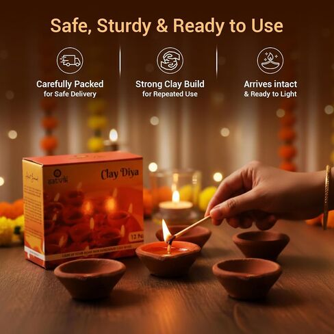 SATVIK Handmade Clay Diya 12 Pc Set. Traditional Terracotta Natural Earthen Oil Lamp Diyas Welcome Dia with Cotton Wicks Batti. Diwali Deepawali Decoration Indian Housewarming Return Gift Items in Saudi Arabia