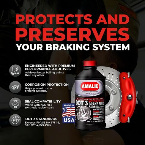 Amalie DOT 3 Brake Fluid (160-65031-EA), Heavy Duty Drum & Disc Brake Fluid for Cars, Trucks & Motorcycles with Corrosion Protection & Long-Term Stability, Made in USA, 12oz in Saudi Arabia