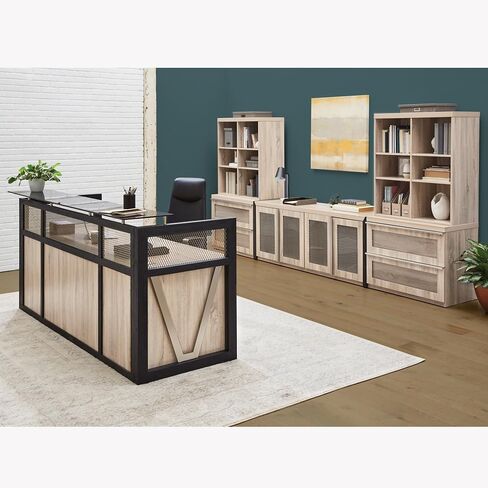 NBF مكتب استقبال حديث مع عداد - 87 بوصة عرض × 30 بوصة عمق طاولة الخروج للبيع بالتجزئة - طاولة استقبال لمكتب الاستقبال مع فتحتين جروميت - مكتب ترحيب على سطح الطاولة لمتجر صالون اللوبي المكتبي، رمادي in Saudi Arabia