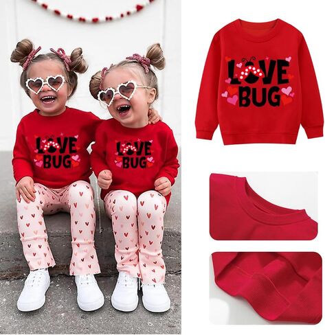 Tkria سويت شيرت للفتيات الصغيرات ABC I Love U قميص عيد الحب للأطفال ملابس مطبوعة على شكل قلب بأكمام طويلة بلوفر علوي 2-7T in Kuwait