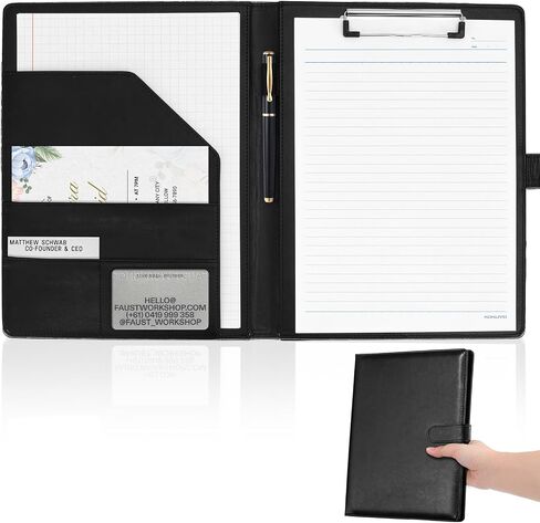 Professional Padfolio with Clipboard, Faux Leather Portfolio Folder Binder, Legal Pad Holder for A4 Letter Size Notepad, Resume, Writing Pad, Ideal Organizer for Business Office Conference, Black, in Saudi Arabia
