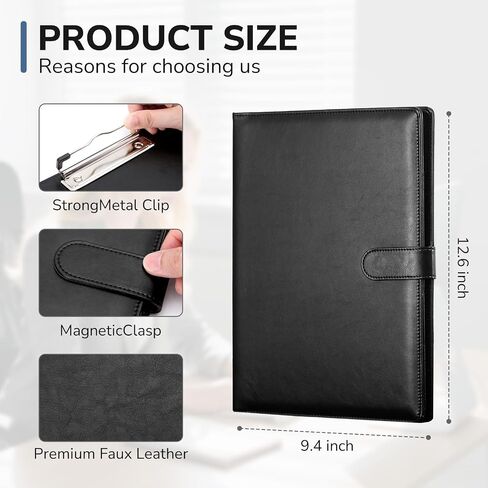 Professional Padfolio with Clipboard, Faux Leather Portfolio Folder Binder, Legal Pad Holder for A4 Letter Size Notepad, Resume, Writing Pad, Ideal Organizer for Business Office Conference, Black, in Saudi Arabia