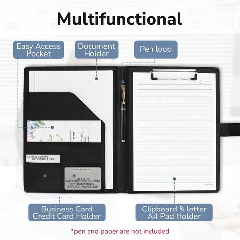Professional Padfolio with Clipboard, Faux Leather Portfolio Folder Binder, Legal Pad Holder for A4 Letter Size Notepad, Resume, Writing Pad, Ideal Organizer for Business Office Conference, Black, in Saudi Arabia