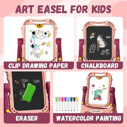 حامل فني للأطفال مع لوحة رسم مغناطيسية، وجهين مع حروف وأرقام مغناطيسية، حامل حامل قابل للتعديل للأطفال الصغار، لعب إبداعي (وردي) in Kuwait