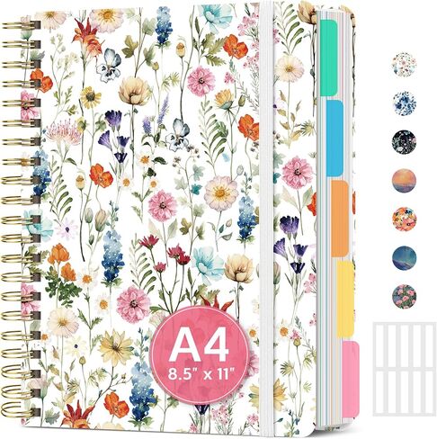 Large Spiral Lined Notebooks for Work with Removable Dividers & Tabs, 8.5"x11" Pretty Hardcover 5 Subject Notebook Journal for Women, College Ruled, Perfect for Study & Office Organization, 280 Pages,Wildflowers in Saudi Arabia