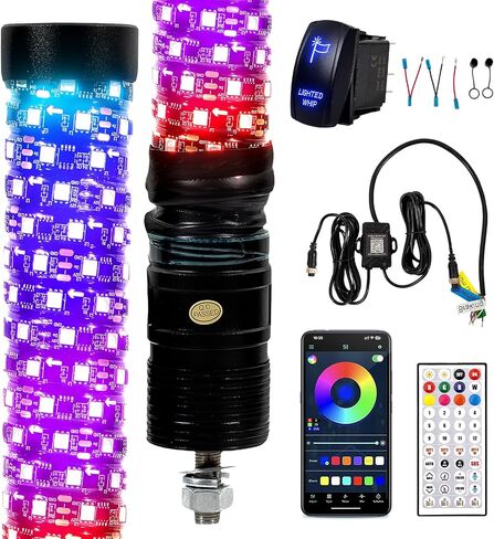 1FT أضواء السوط الدهون LED أضواء السوط للموسيقى جنبا إلى جنب ضوء هوائي الموسيقى دوامة RGB مطاردة ضوء السياط لUTV ATV الكثبان عربات التي تجرها الدواب مع التطبيق وجهاز التحكم عن بعد متوافق مع Polaris RZR Can-Am Maverick، 2 حزمة in Saudi Arabia