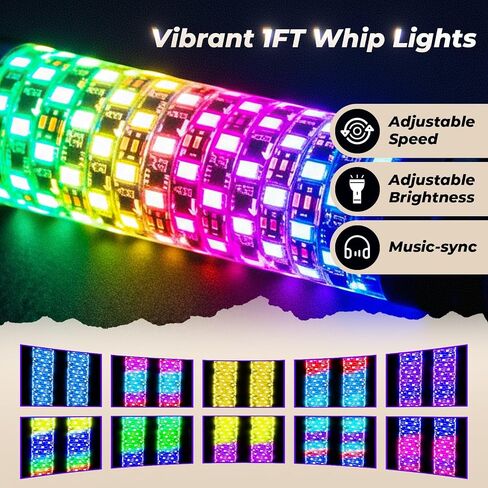1FT أضواء السوط الدهون LED أضواء السوط للموسيقى جنبا إلى جنب ضوء هوائي الموسيقى دوامة RGB مطاردة ضوء السياط لUTV ATV الكثبان عربات التي تجرها الدواب مع التطبيق وجهاز التحكم عن بعد متوافق مع Polaris RZR Can-Am Maverick، 2 حزمة in Saudi Arabia