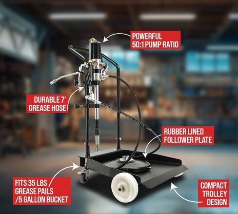 Mytee Products 50:1 Ratio Air Operated Grease Pump Kit for 5 Gallon Bucket / 35 lbs with Trolley Mounted - Grease Gun Filler with Drum Cover, Follower Plate, 7' Hose, Grease Valve & Z-Swivel in Kuwait