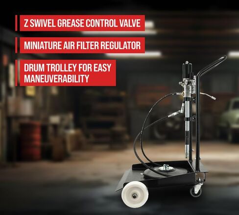 Mytee Products 50:1 Ratio Air Operated Grease Pump Kit for 5 Gallon Bucket / 35 lbs with Trolley Mounted - Grease Gun Filler with Drum Cover, Follower Plate, 7' Hose, Grease Valve & Z-Swivel in Kuwait
