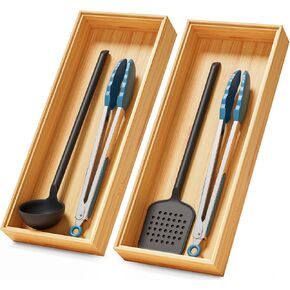 Bamboo Kitchen Drawer Organizer Boxes – Stackable Wood Silverware Utensil Tray for Drawers Bins, Cutlery & Flatware Storage – Wooden Organizers Set of 2, 15" x 6" x 2" for Junk Drawer, Bathroom, RV in Saudi Arabia