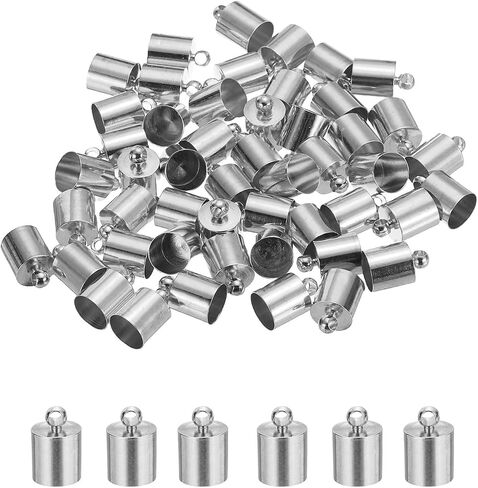 50-Pack Tassel Cord End Caps, 8mm ID Copper Glue in Leather Barrel Kumihimo End Tip Bead Caps for Jewelry Making/Bracelets/DIY Pendant, Cord Terminators [Light Silver] in Saudi Arabia