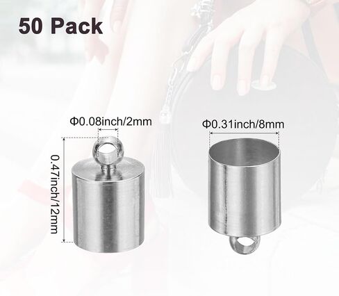 50-Pack Tassel Cord End Caps, 8mm ID Copper Glue in Leather Barrel Kumihimo End Tip Bead Caps for Jewelry Making/Bracelets/DIY Pendant, Cord Terminators [Light Silver] in Saudi Arabia