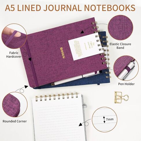TSFPapier A5 Top Spiral Notebook – Hardcover Journal 160 Pages 100 GSM Thick Paper With Elastic Band & Pen Holder Steno Pads College Ruled Writing Notebooks for Work School Travel (1pack-Khaki-style C) in Saudi Arabia
