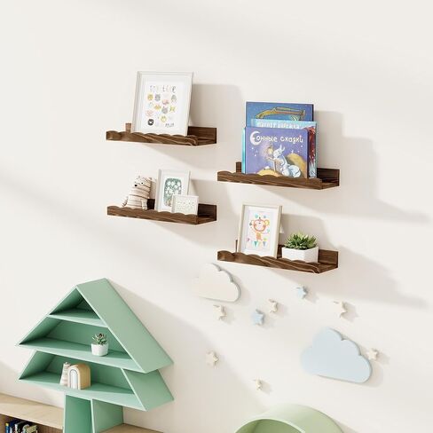 رف رف للصور من Fun Memories للجدار، مجموعة أرفف كتب الحضانة من خشب الصنوبر مقاس 24 بوصة مكونة من 2 - أرفف كتب جدارية لغرفة الأطفال، ديكور المنزل - توابل المطبخ - طبيعية in Kuwait