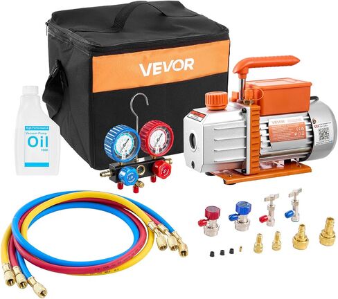 VEVOR AC مضخة فراغ ومجموعة قياس، 4.5 CFM 1/3 HP، مضخة فراغ HVAC دوارة مرحلة واحدة، مجموعة قياس مشعب A/C، لR134a R22 R410a R1234YF R32، مع حقيبة حمل، لتكييف الهواء HVAC التلقائي in Kuwait