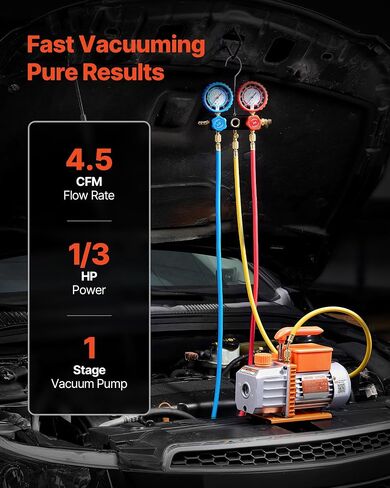 VEVOR AC مضخة فراغ ومجموعة قياس، 4.5 CFM 1/3 HP، مضخة فراغ HVAC دوارة مرحلة واحدة، مجموعة قياس مشعب A/C، لR134a R22 R410a R1234YF R32، مع حقيبة حمل، لتكييف الهواء HVAC التلقائي in Kuwait
