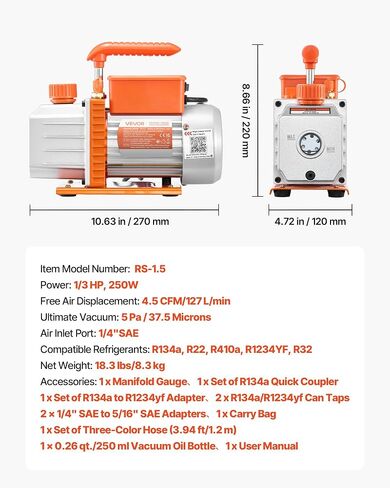 VEVOR AC مضخة فراغ ومجموعة قياس، 4.5 CFM 1/3 HP، مضخة فراغ HVAC دوارة مرحلة واحدة، مجموعة قياس مشعب A/C، لR134a R22 R410a R1234YF R32، مع حقيبة حمل، لتكييف الهواء HVAC التلقائي in Kuwait