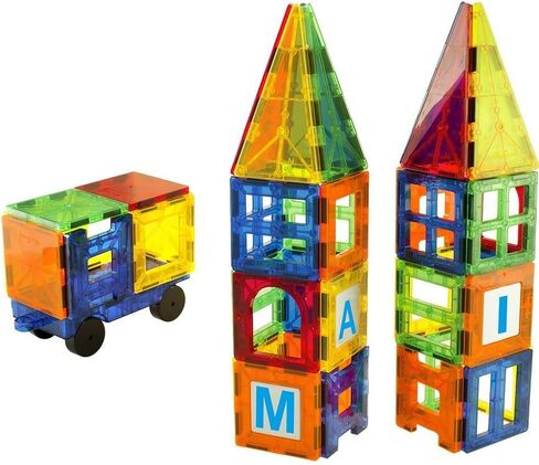 Magnet Tiles - Clear Magnetic 3D Building Blocks - Educational Toys, Games, Activities, Puzzles - Creativity, Motor Skills, Learning Shapes - Storage Bin, 2 Car Base, 120pcs, 13 Click-Ins in Saudi Arabia