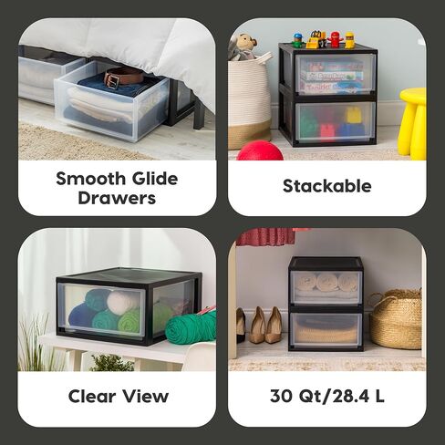 ايريس الولايات المتحدة الأمريكية 6 كيو تي. منظم تخزين الأدراج البلاستيكية، أدراج التراص، عبوتان، وحدة قابلة للتكديس مع درج منزلق لغرفة النوم والمطبخ تحت المغسلة وغرفة الحرف اليدوية والحمام والمكتب، أسود in Kuwait