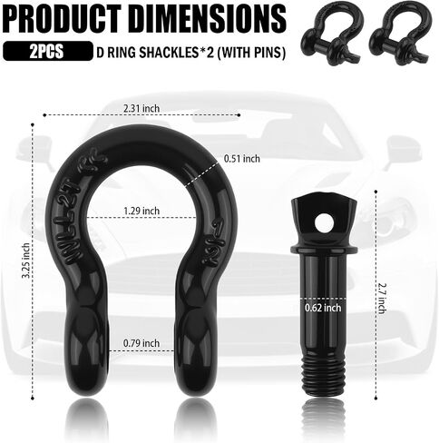 Aokdom 2PCS 1/2" D Ring Shackles with 5/8" Pin,Heavy Duty Clevis Shackle Working Limit 2 Ton/Breaking Strength 8 Ton for Vehicle Recovery,Professional Winch Accessories Shackles for Towing in Saudi Arabia