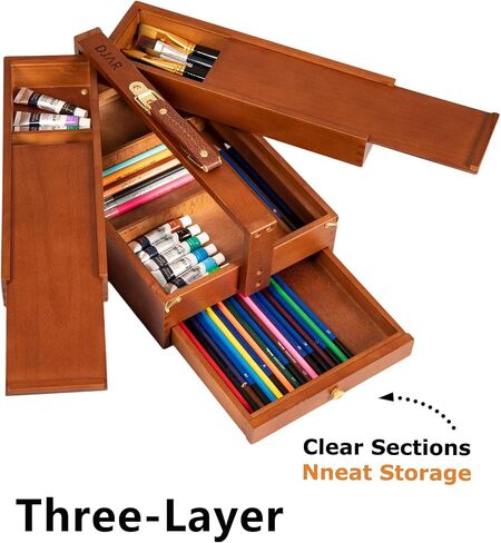 DJAR Multi-Function Art Tool Box, Portable Foldable Beech Wood Artist Supply Storage Box for Pastels, Pencils, Pens, Markers, Brushes, Walnut in Saudi Arabia
