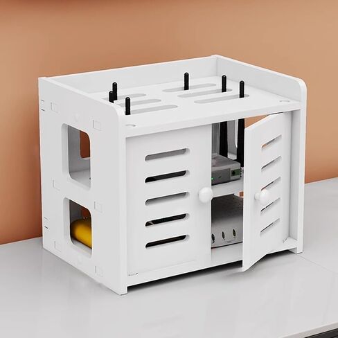 Plastic Router Shelf, Home Media Storage Cabinet, Storage Box WiFi Desktop, Cable Management Hider, Plug, Internet Cables, Devices Etc(Brown,30cm/11.8in B) in Saudi Arabia
