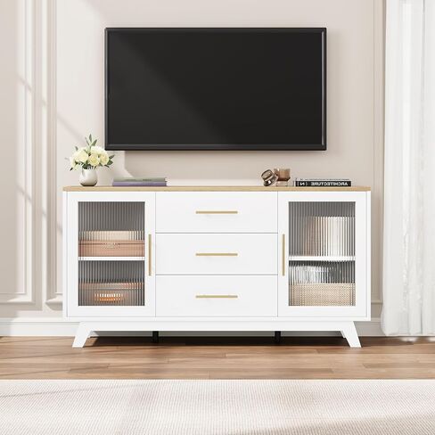TrailBlaze Modern 56.3" Sideboard Buffet Cabinet with Fluted Glass Doors, 3 Drawers & Adjustable Shelves, 220 Lbs Top, 30"h x 15.7"d for Kitchen, Dining, Living Room,White in Saudi Arabia