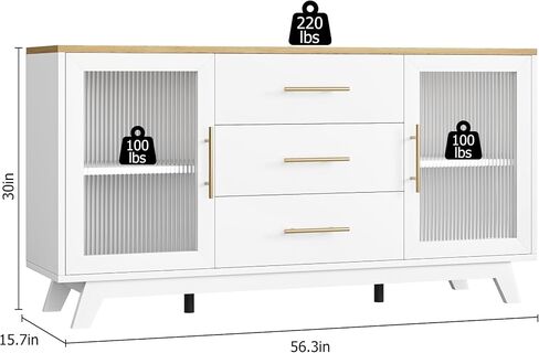 TrailBlaze Modern 56.3" Sideboard Buffet Cabinet with Fluted Glass Doors, 3 Drawers & Adjustable Shelves, 220 Lbs Top, 30"h x 15.7"d for Kitchen, Dining, Living Room,White in Saudi Arabia