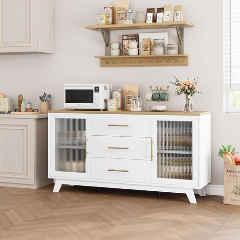 TrailBlaze Modern 56.3" Sideboard Buffet Cabinet with Fluted Glass Doors, 3 Drawers & Adjustable Shelves, 220 Lbs Top, 30"h x 15.7"d for Kitchen, Dining, Living Room,White in Saudi Arabia