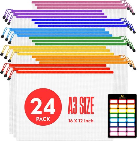 24 Pcs Mesh Zipper Pouch Bags A3 (16x12) Inches Large Waterproof, Reusable Zipper Bags for Board Game & Puzzle Storage, Classroom, Office & Organization, 8 Colors in Saudi Arabia