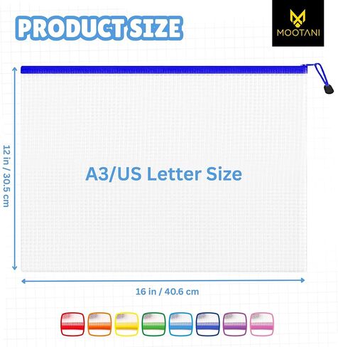 24 Pcs Mesh Zipper Pouch Bags A3 (16x12) Inches Large Waterproof, Reusable Zipper Bags for Board Game & Puzzle Storage, Classroom, Office & Organization, 8 Colors in Saudi Arabia