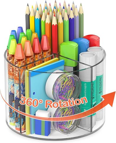 Acrylic Pen Holder, 360 Degree Rotating Pen Organizer, Rotating Desk Acrylic Office Organizer with 6 Compartments, Marker Organizer for Kid, Crayon Caddy School Art Supply Storage Organizer in Saudi Arabia