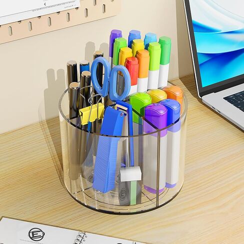 Acrylic Pen Holder, 360 Degree Rotating Pen Organizer, Rotating Desk Acrylic Office Organizer with 6 Compartments, Marker Organizer for Kid, Crayon Caddy School Art Supply Storage Organizer in Saudi Arabia