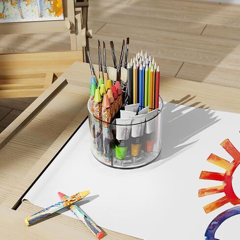 Acrylic Pen Holder, 360 Degree Rotating Pen Organizer, Rotating Desk Acrylic Office Organizer with 6 Compartments, Marker Organizer for Kid, Crayon Caddy School Art Supply Storage Organizer in Saudi Arabia