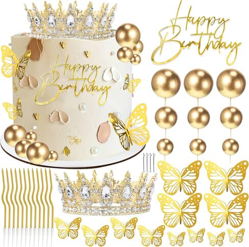 AMZVALU Crown Cake Topper, Gold Happy Birthday Cake Toppers Crown Balls Candles Butterflies, Corona Para Pastel, Cake Decorations for Women Princess Queen Wedding Party Decorations (Gold, White) in Saudi Arabia