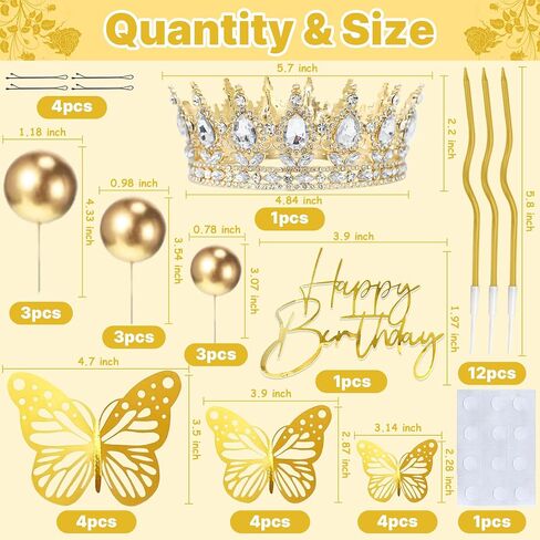 AMZVALU Crown Cake Topper, Gold Happy Birthday Cake Toppers Crown Balls Candles Butterflies, Corona Para Pastel, Cake Decorations for Women Princess Queen Wedding Party Decorations (Gold, White) in Saudi Arabia