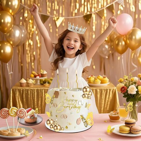 AMZVALU Crown Cake Topper, Gold Happy Birthday Cake Toppers Crown Balls Candles Butterflies, Corona Para Pastel, Cake Decorations for Women Princess Queen Wedding Party Decorations (Gold, White) in Saudi Arabia