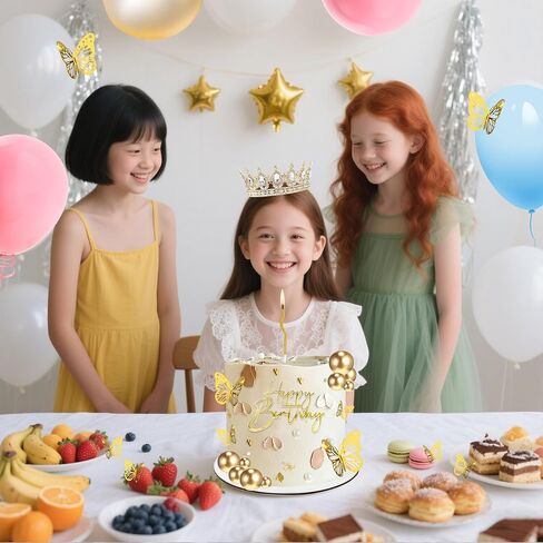 AMZVALU Crown Cake Topper, Gold Happy Birthday Cake Toppers Crown Balls Candles Butterflies, Corona Para Pastel, Cake Decorations for Women Princess Queen Wedding Party Decorations (Gold, White) in Saudi Arabia