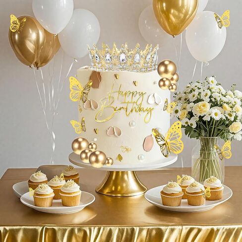 AMZVALU Crown Cake Topper, Gold Happy Birthday Cake Toppers Crown Balls Candles Butterflies, Corona Para Pastel, Cake Decorations for Women Princess Queen Wedding Party Decorations (Gold, White) in Saudi Arabia