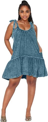 Vidifid Women Denim Cami Dress Tie Shoulder Ruffle Hem Short Dresses Babydoll Wash Jean Sundress with Pocket in Saudi Arabia