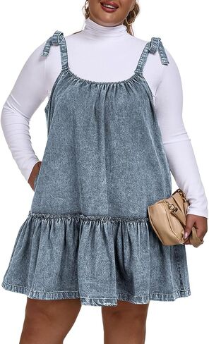 Vidifid Women Denim Cami Dress Tie Shoulder Ruffle Hem Short Dresses Babydoll Wash Jean Sundress with Pocket in Saudi Arabia