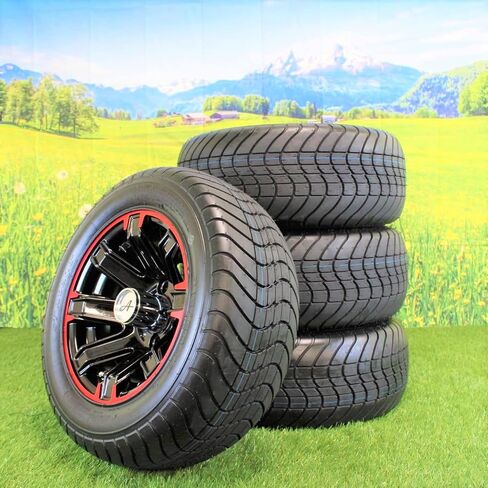 (Set of 4) 215/50-12 Glossy BLACK/RED Aluminum Golf Tire Wheel Assemblies in Saudi Arabia