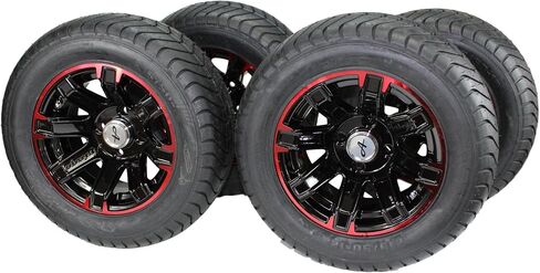 (Set of 4) 215/50-12 Glossy BLACK/RED Aluminum Golf Tire Wheel Assemblies in Saudi Arabia