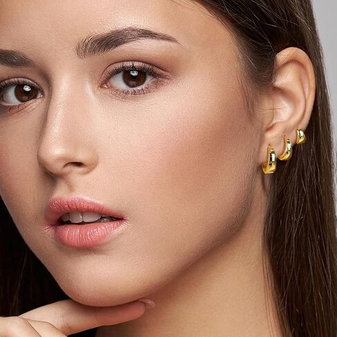 Barcarola 14K الذهب معبأ 3 أزواج هوب أقراط للنساء هوب طقم أقراط أقراط خفيفة الوزن مقاومة للماء تشويه مقاومة in Kuwait