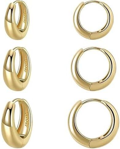 Barcarola 14K الذهب معبأ 3 أزواج هوب أقراط للنساء هوب طقم أقراط أقراط خفيفة الوزن مقاومة للماء تشويه مقاومة in Kuwait