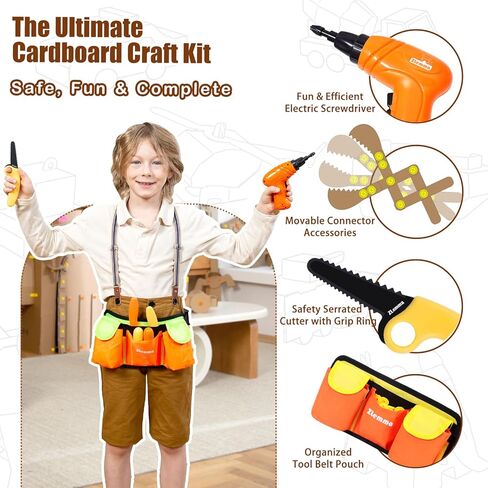مجموعة أدوات بناء من الورق المقوى للأطفال مع مثقاب كهربائي وحزام أدوات - 258 قطعة، مجموعة بناء العلوم والتكنولوجيا والهندسة والرياضيات للمشروعات الحرفية الإبداعية، لعبة هندسية تعليمية للأولاد والبنات in Kuwait