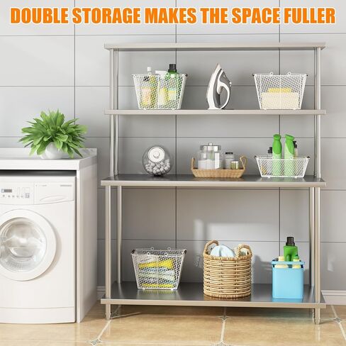 أرفف علوية من الفولاذ المقاوم للصدأ لطاولة العمل والإعداد مقاس 12 بوصة × 60 بوصة - رف علوي بطبقتين مع رف قابل للتعديل - رف كونترتوب تجاري للمطبخ والمطعم in Kuwait