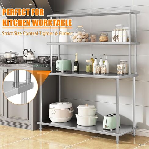 أرفف علوية من الفولاذ المقاوم للصدأ لطاولة العمل والإعداد مقاس 12 بوصة × 60 بوصة - رف علوي بطبقتين مع رف قابل للتعديل - رف كونترتوب تجاري للمطبخ والمطعم in Kuwait